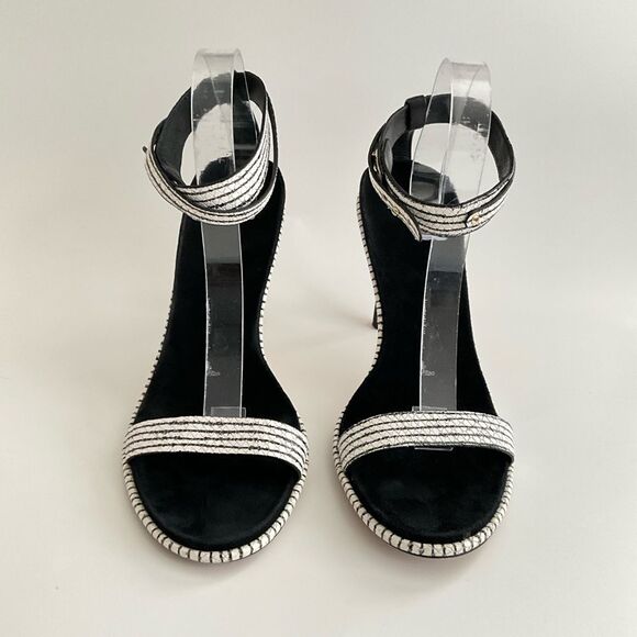 Cole Haan Leather Cyro Striped Snake Embossed Heeled Sandals Black White 10 - Picture 4 of 12